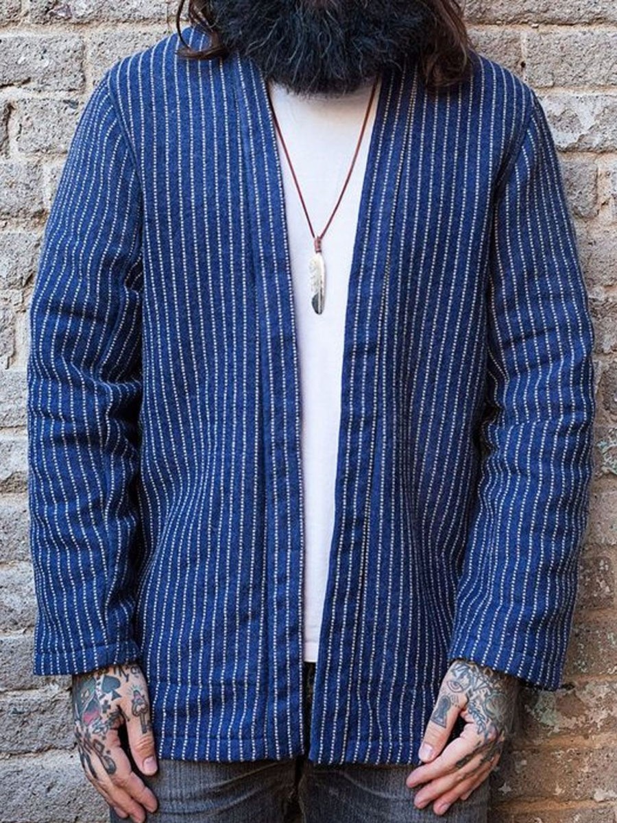 Men DJ Jacket | Vintage Striped Double Pocket Casual Cardigan Jacket Blue