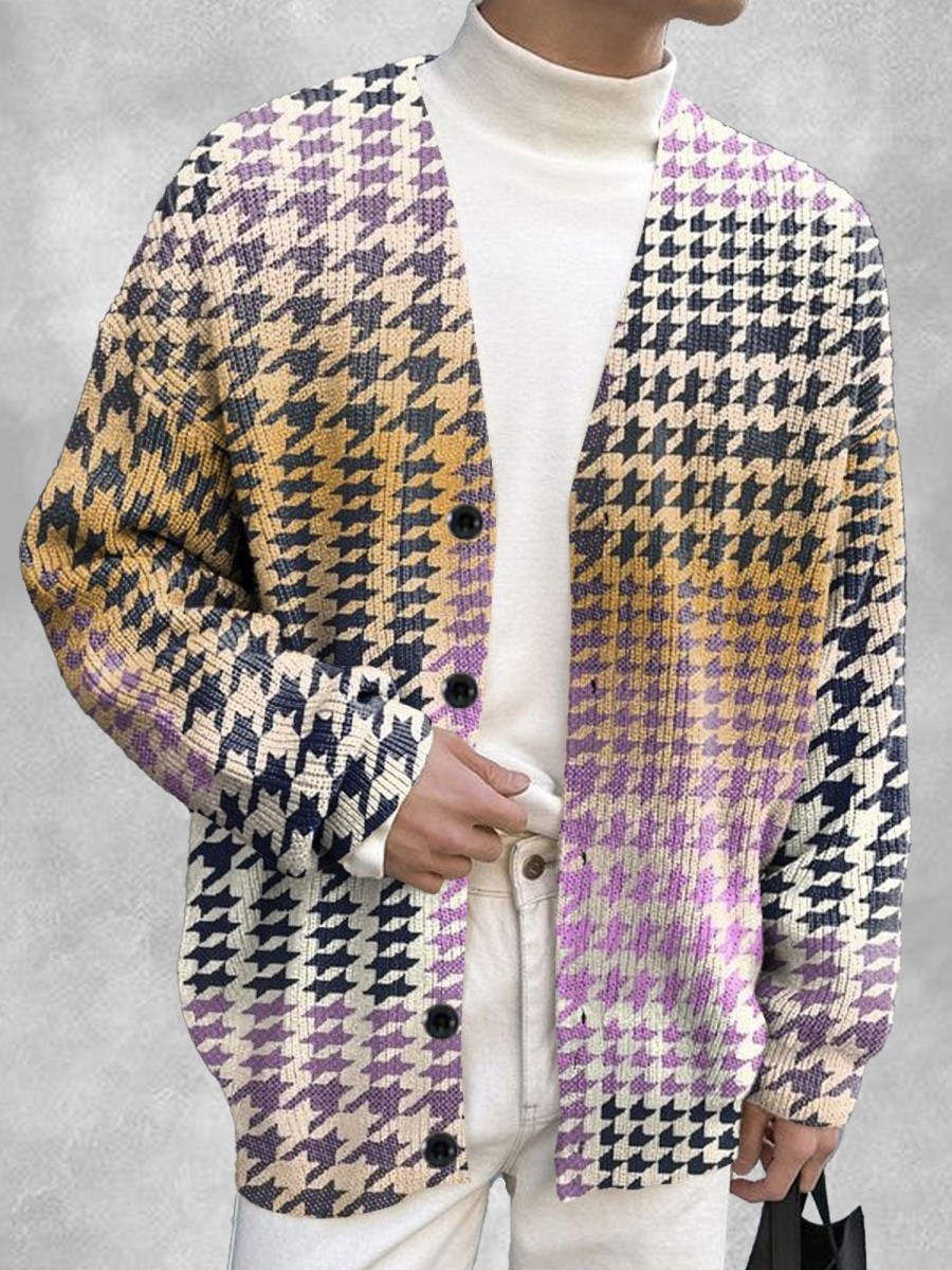 Men DJ Print Cardigan | Colorful Houndstooth Print Casual Knitted Cardigan Photo Color