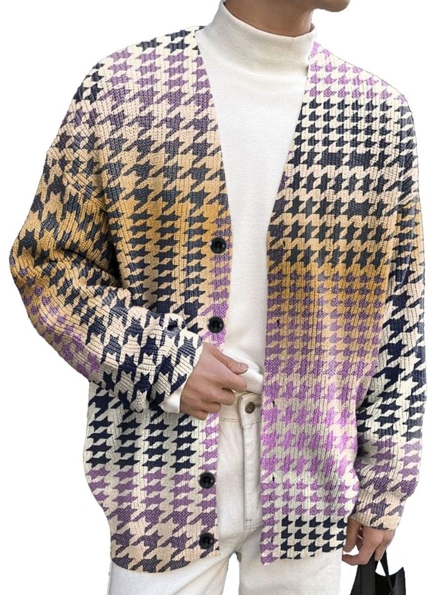 Men DJ Print Cardigan | Colorful Houndstooth Print Casual Knitted Cardigan Photo Color