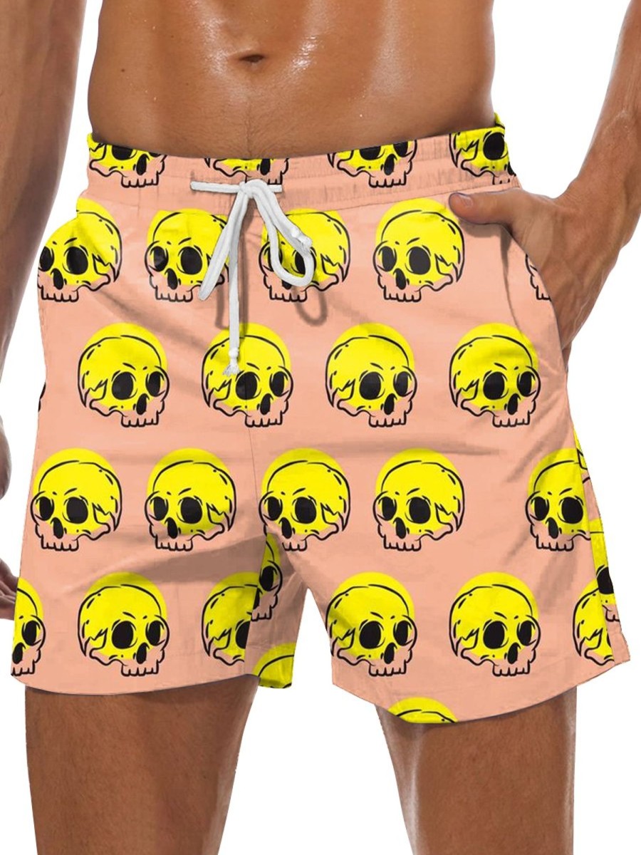 Men GYJ Bottoms | Skull Print Casual Short Sleeve Shirt Flesh Pink