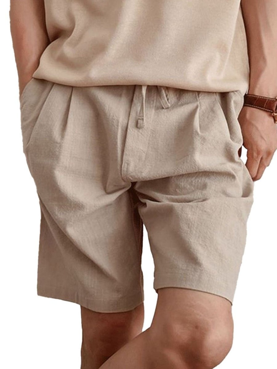 Men DJ Bottoms | Solid Color Lace Up Double Pocket Casual Shorts Khaki