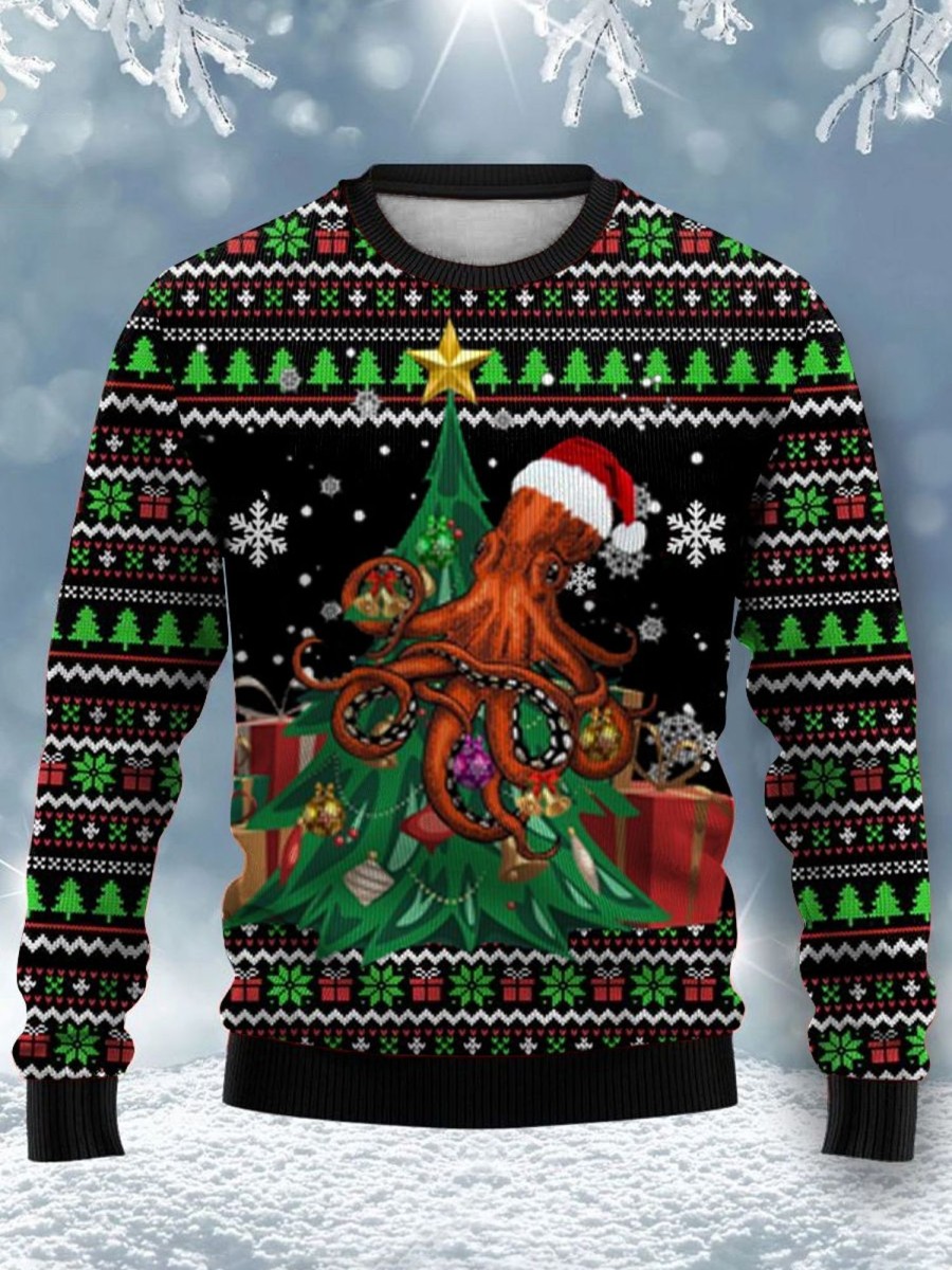 Men DJ Ugly Sweater | Merry Christmas Octopus Print Crewneck Sweatshirt Photo Color