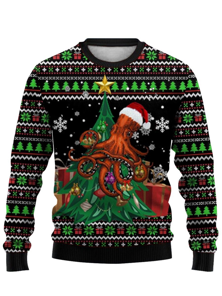 Men DJ Ugly Sweater | Merry Christmas Octopus Print Crewneck Sweatshirt Photo Color