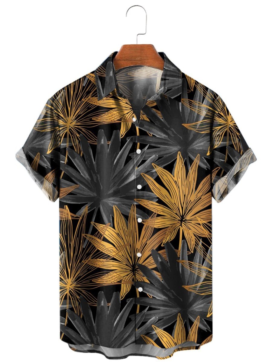 Men HLJ Shirts | Men'S Hawaiian Palm Leaf Short Sleeve Shirt Gold