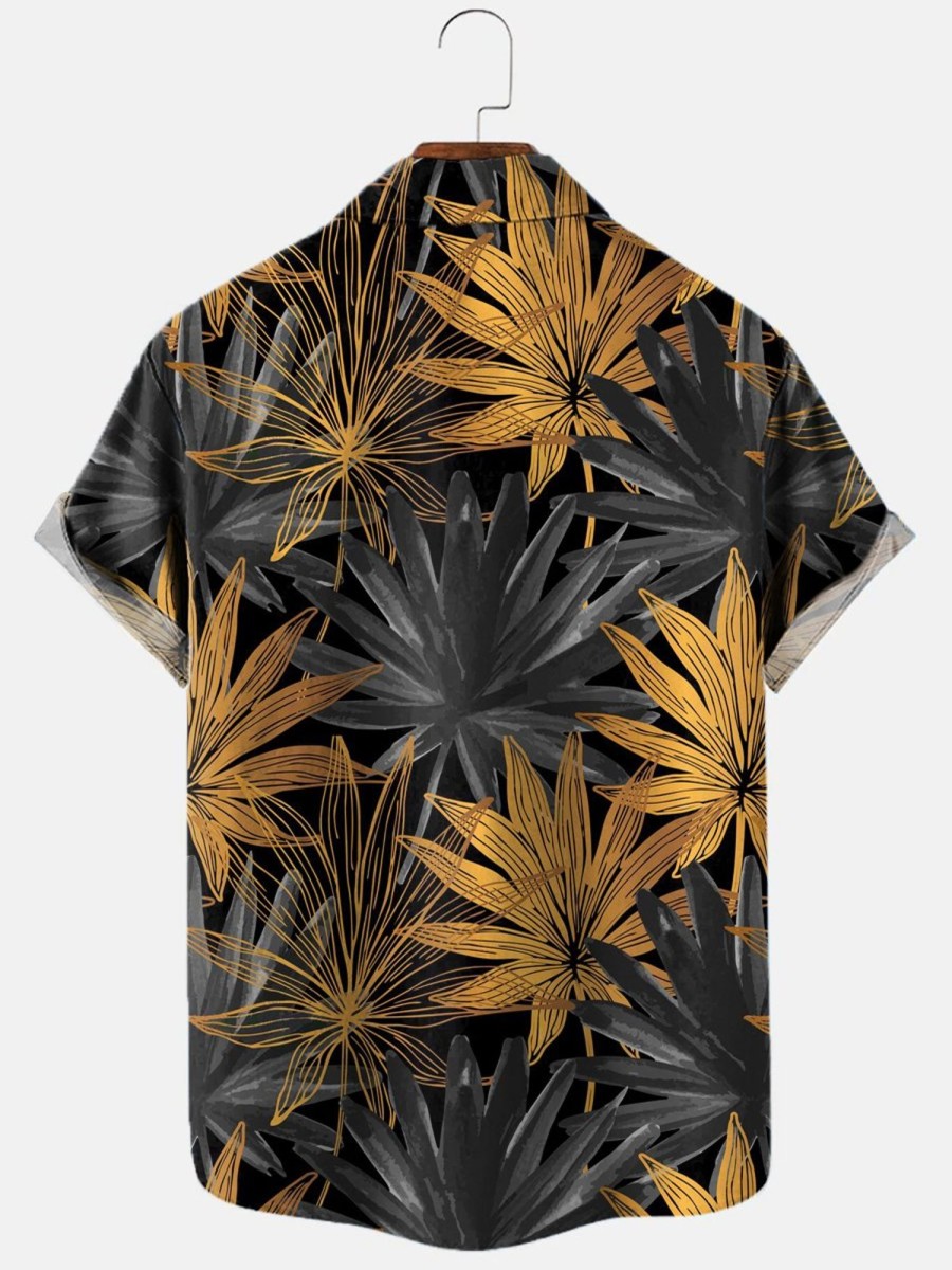 Men HLJ Shirts | Men'S Hawaiian Palm Leaf Short Sleeve Shirt Gold