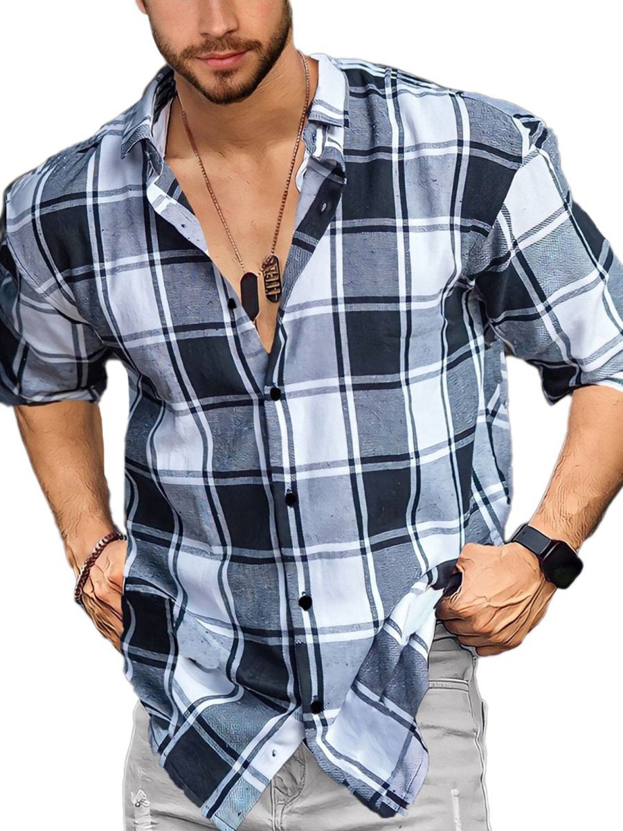 Men QMY Casual Shirts | Men Checkered Cotton Blend Mid Sleeve Shirt Grey