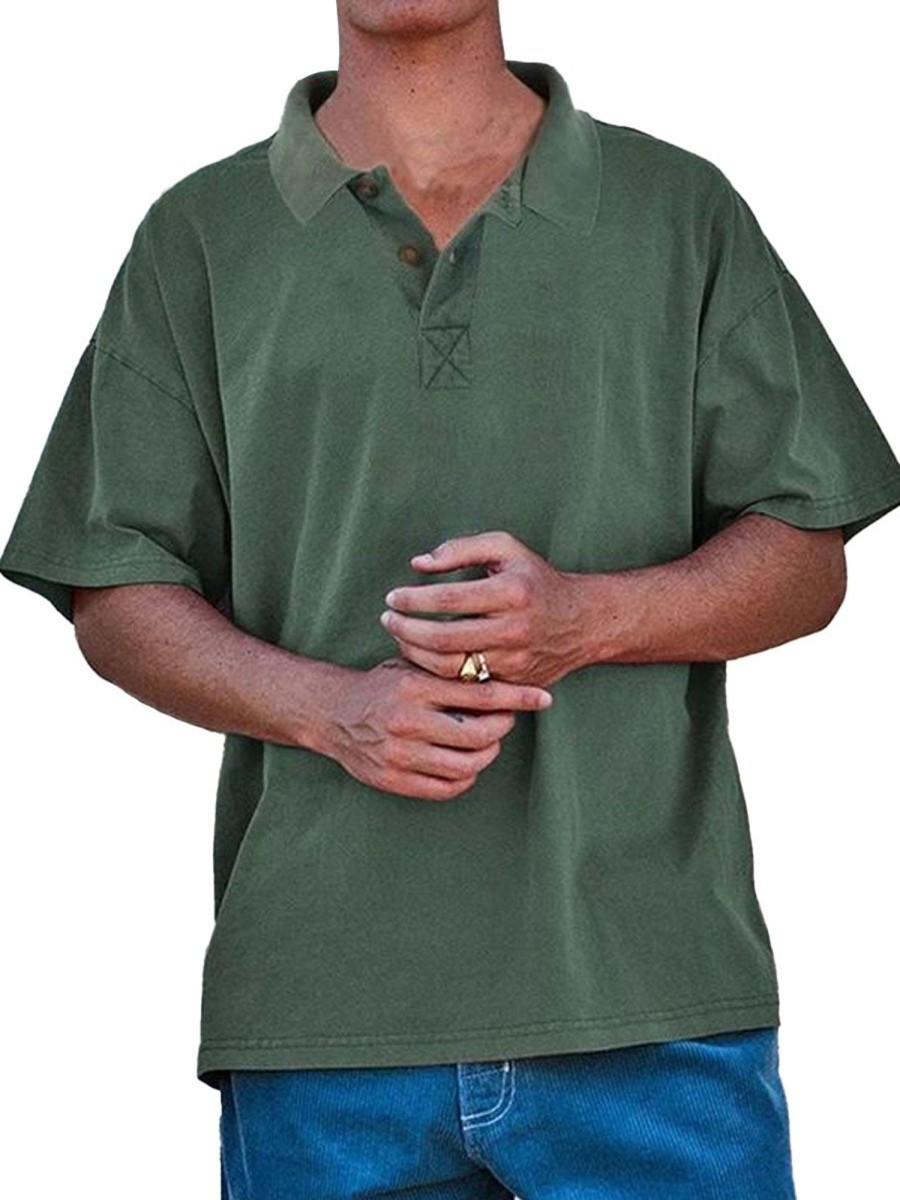 Men DJ Casual Shirts | Retro Solid Color Casual Short-Sleeved Polo Shirt Army Green