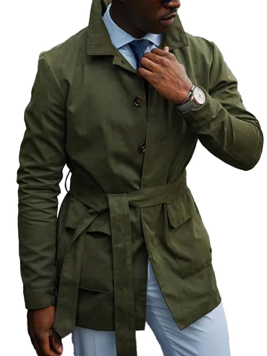 Men DJ Jacket | Lapel Solid Color Single-Breasted Lace-Up Double Pocket Casual Jacket Army Green