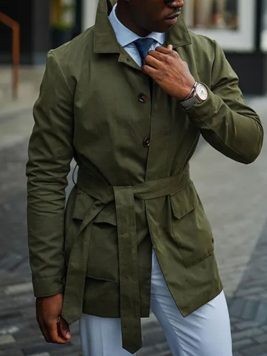 Men DJ Jacket | Lapel Solid Color Single-Breasted Lace-Up Double Pocket Casual Jacket Army Green