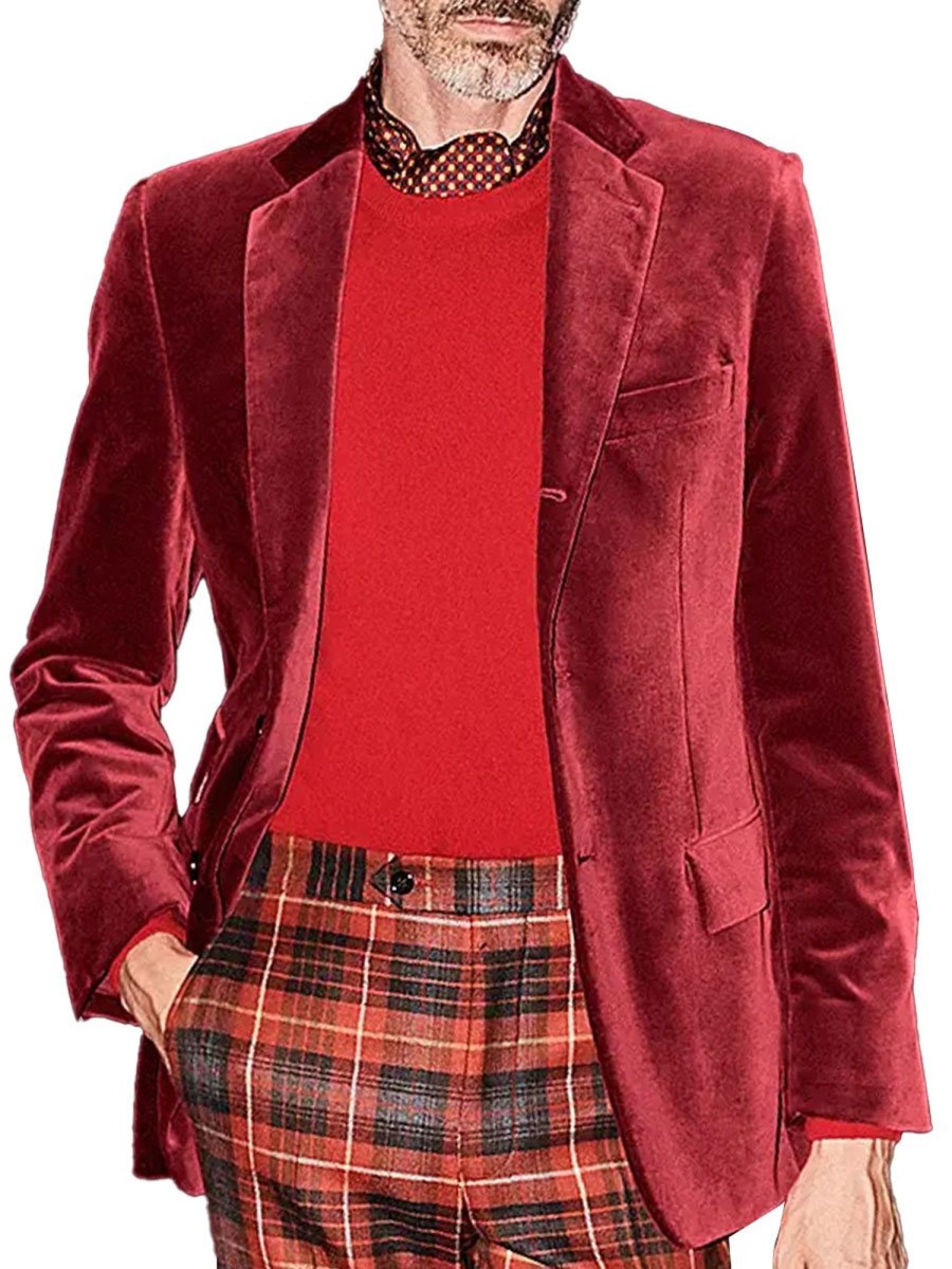 Men BXL Jacket | Men'S Vintage Solid Color Velvet Multi-Pocket Casual Blazer Red