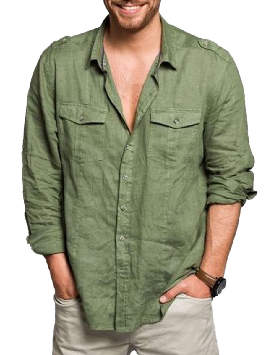 Men DJ Casual Long Sleeve Shirts | Solid Color Lapel Double Pocket Casual Long Sleeve Shirt Green