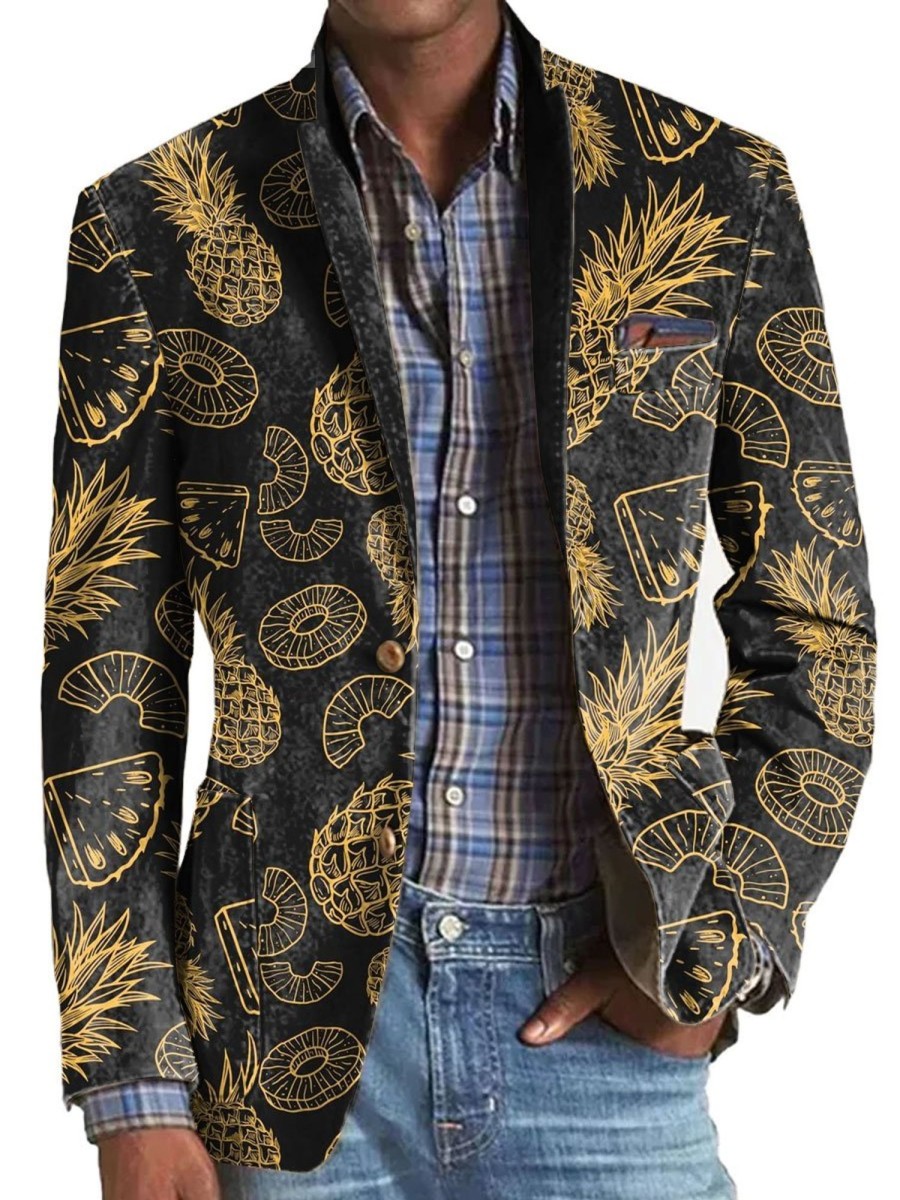 Men TH Print Jacket | Men'S Retro Fruit Print Casual Pocket Blazer Photo Color