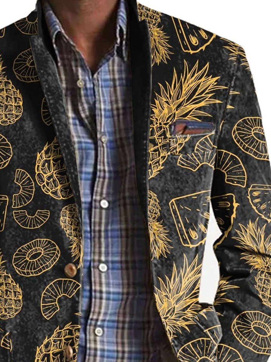 Men TH Print Jacket | Men'S Retro Fruit Print Casual Pocket Blazer Photo Color