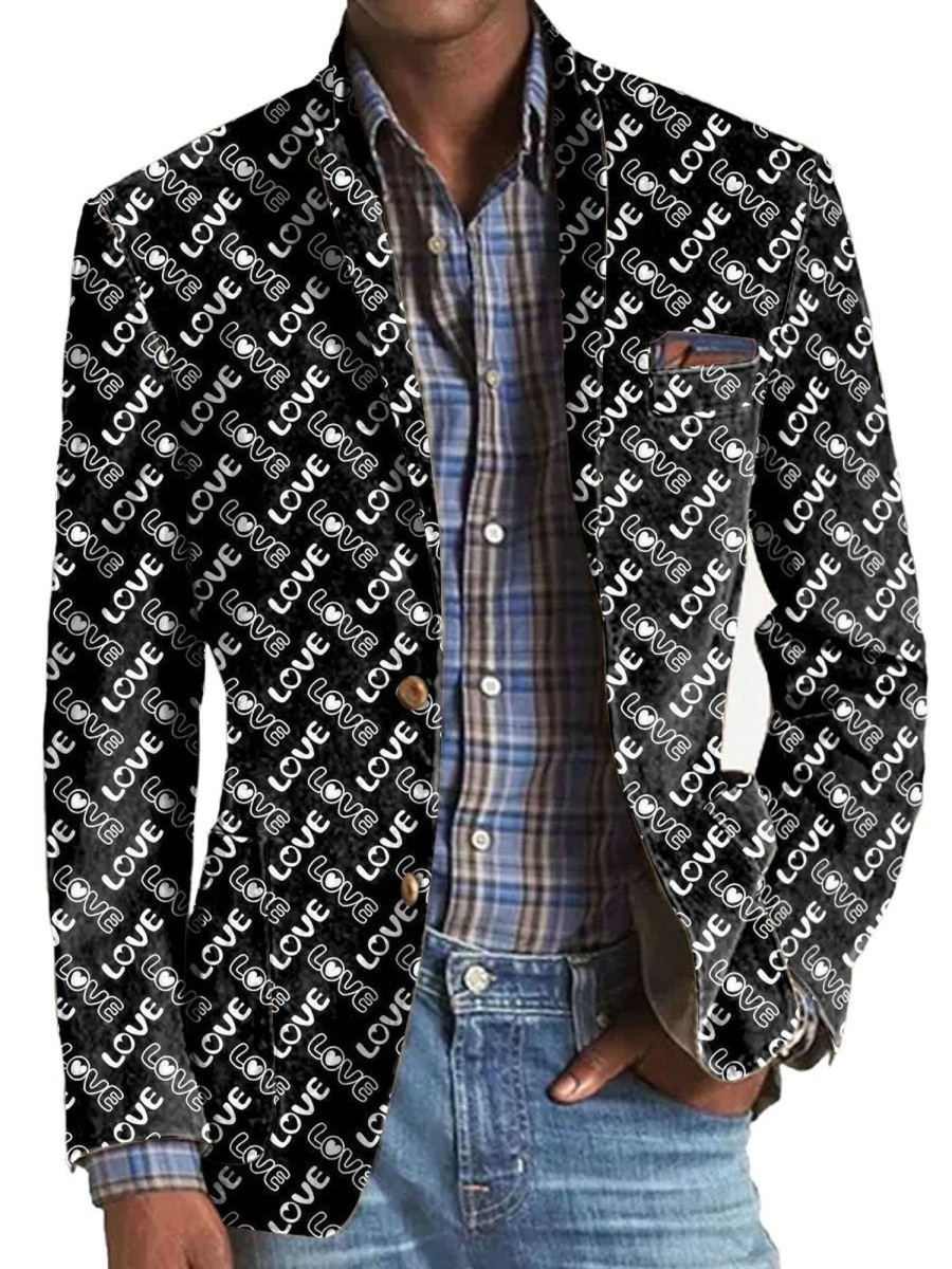 Men TH Print Jacket | Valentine'S Day Love Print Print Casual Pocket Blazer Black