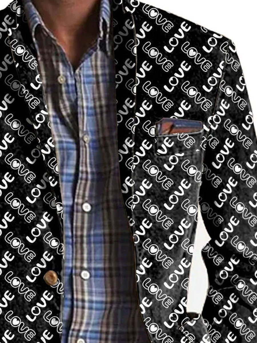 Men TH Print Jacket | Valentine'S Day Love Print Print Casual Pocket Blazer Black