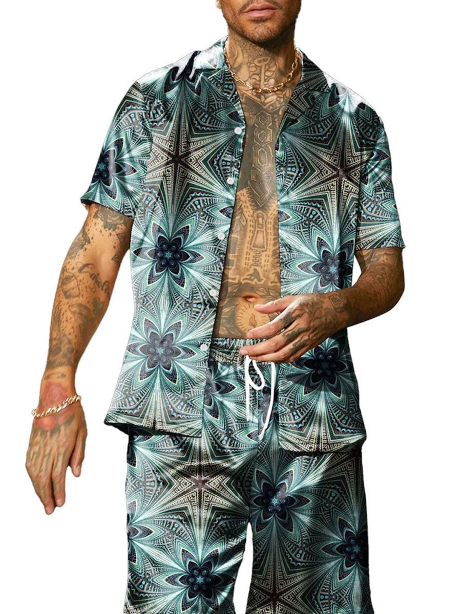 Men BXL Set | Men'S Retro Floral Print Casual Resort Short Sleeve Suit Blue