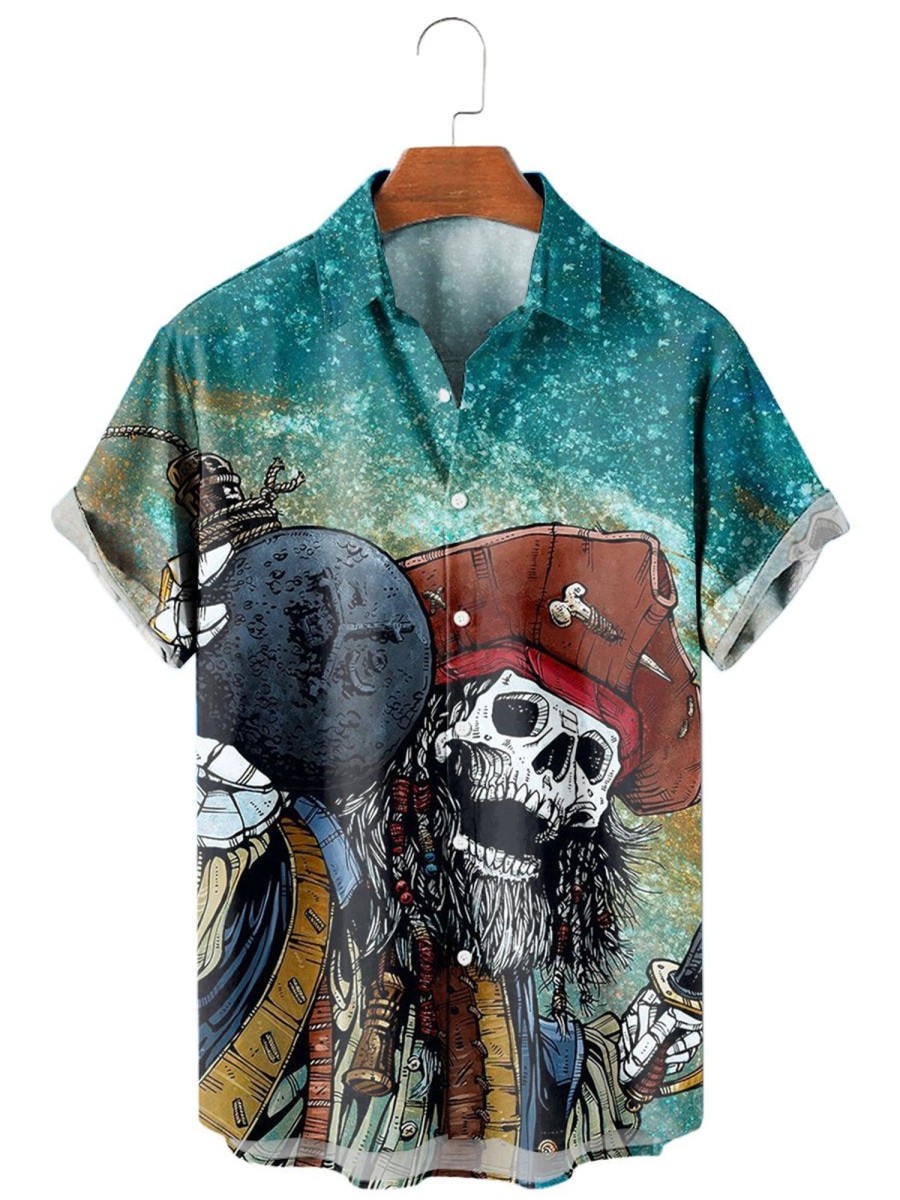 Men XT Shirts | Crazy Pirate Print Lapel Shirt 51381255X Blue