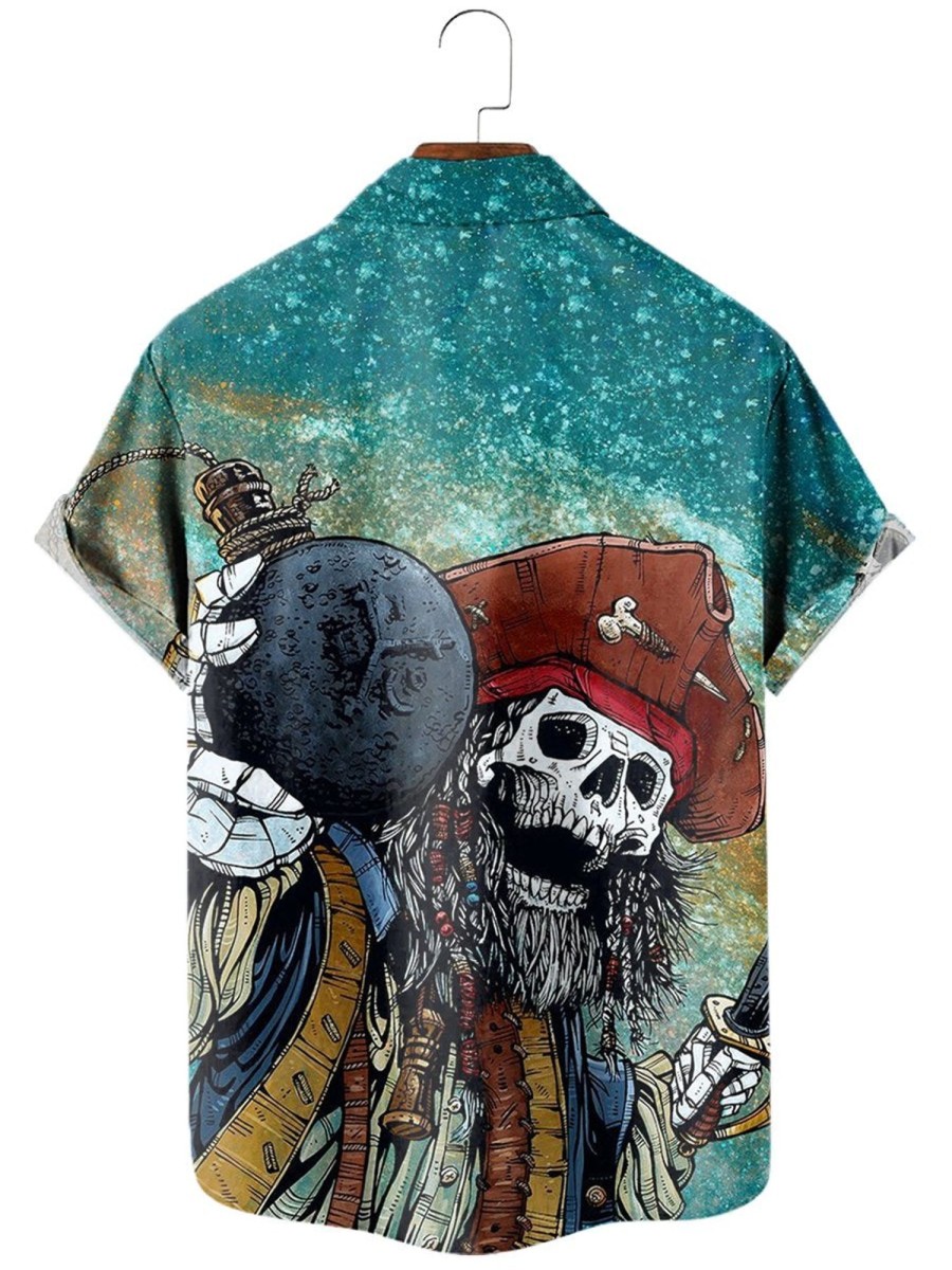 Men XT Shirts | Crazy Pirate Print Lapel Shirt 51381255X Blue