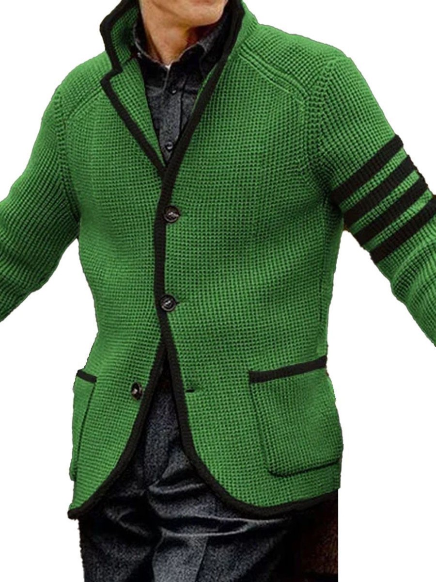 Men DJ Cardigan | Contrast Lapel Single-Breasted Double-Pocket Casual Knitted Cardigan Green