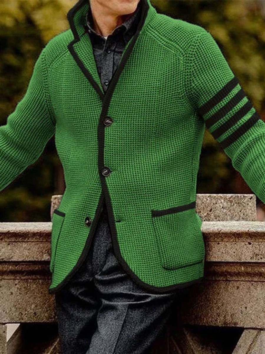 Men DJ Cardigan | Contrast Lapel Single-Breasted Double-Pocket Casual Knitted Cardigan Green