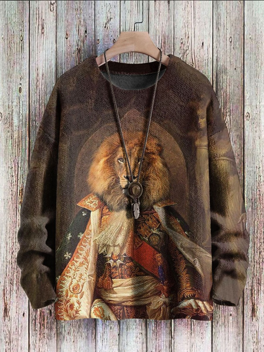 Men BXL Print Sweater | Men'S Animal Lion King Casual Knitted Pullover Sweater Caramel