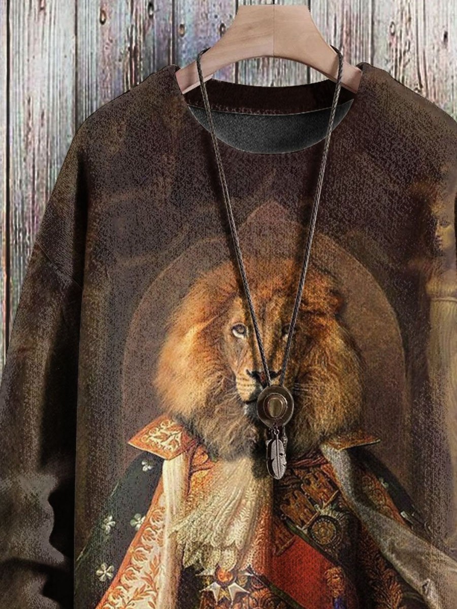 Men BXL Print Sweater | Men'S Animal Lion King Casual Knitted Pullover Sweater Caramel