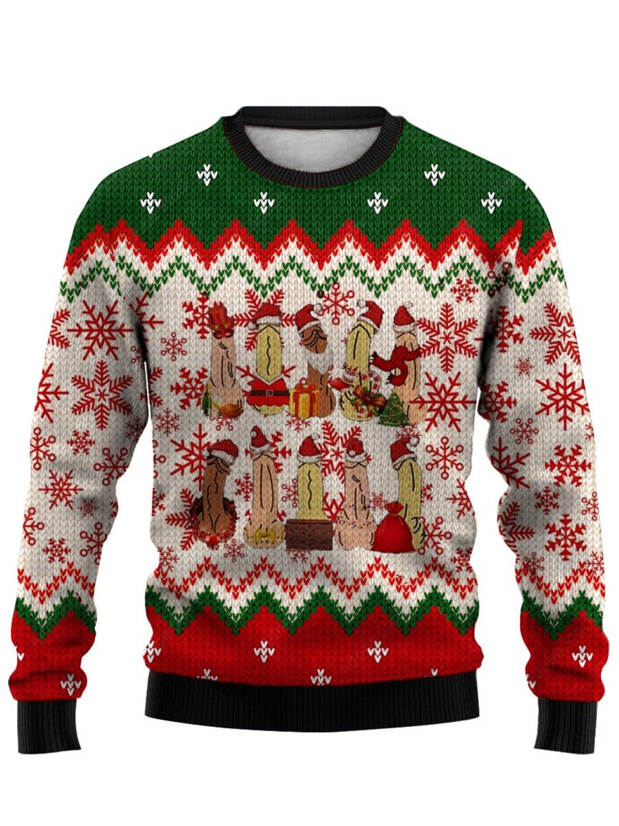 Men DJ Ugly Sweater | Fun Christmas Cocks Print Crewneck Sweatshirt Photo Color