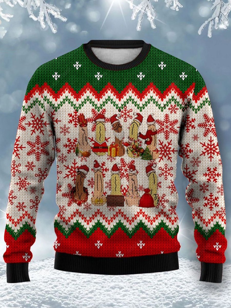 Men DJ Ugly Sweater | Fun Christmas Cocks Print Crewneck Sweatshirt Photo Color