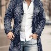 Men DJ Print Jacket | Vintage Herringbone Print Stand Collar Double Pocket Woolen Coat Navy