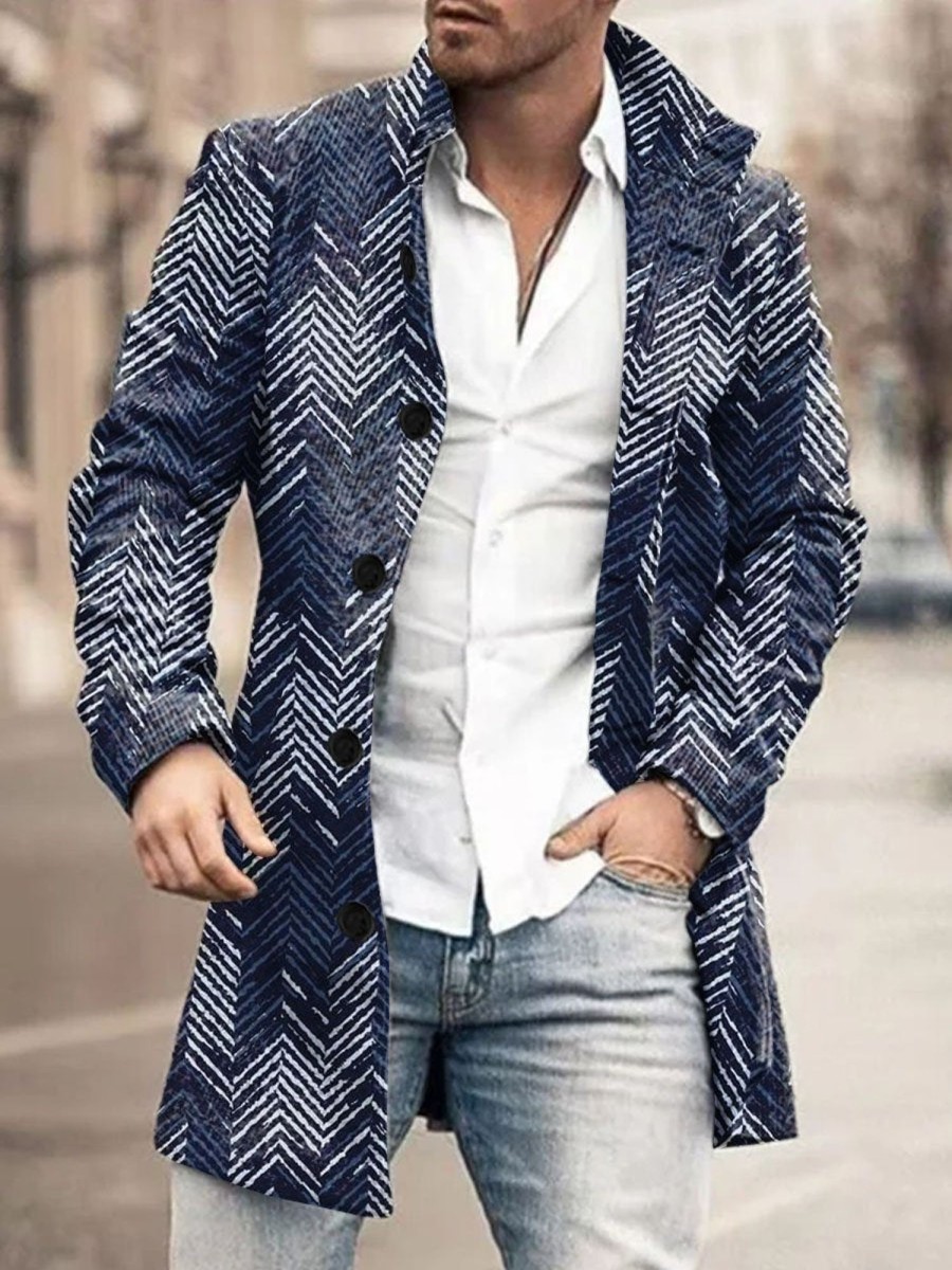 Men DJ Print Jacket | Vintage Herringbone Print Stand Collar Double Pocket Woolen Coat Navy