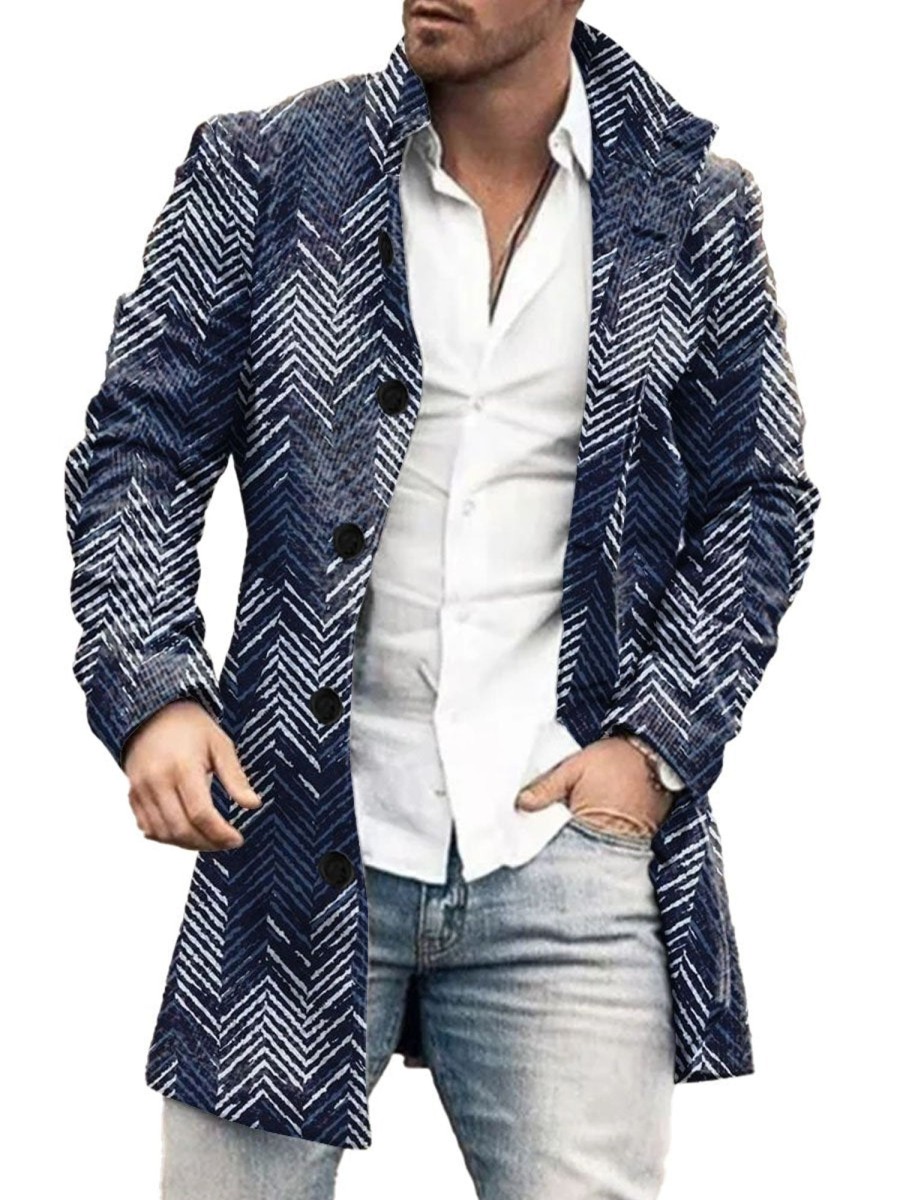 Men DJ Print Jacket | Vintage Herringbone Print Stand Collar Double Pocket Woolen Coat Navy