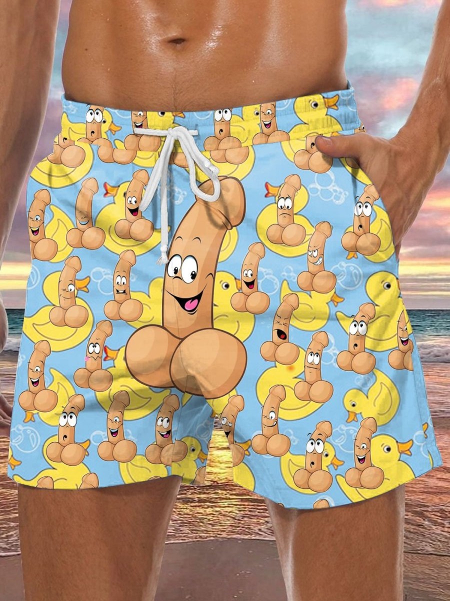 Men DJ Bottoms | Fun Duck And Cocks Print Pocket Tie Track Shorts