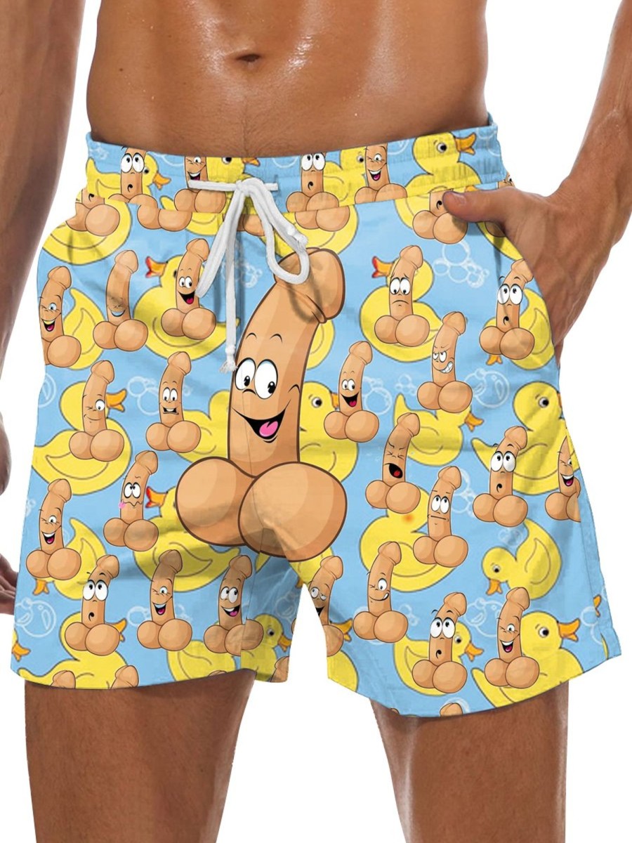 Men DJ Bottoms | Fun Duck And Cocks Print Pocket Tie Track Shorts