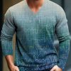 Men BXL Print Sweater | Men'S Casual Retro Gradient Knitted Pullover V-Neck Sweater Blue