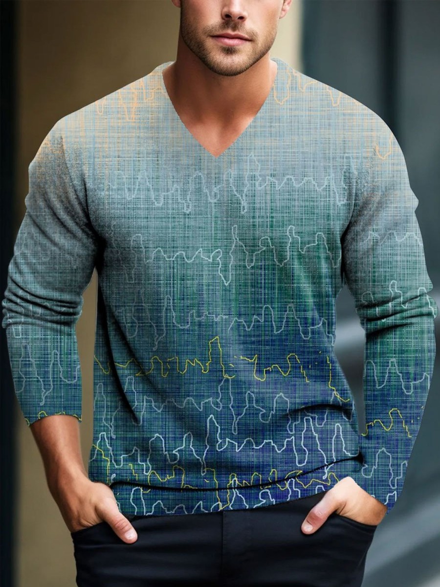 Men BXL Print Sweater | Men'S Casual Retro Gradient Knitted Pullover V-Neck Sweater Blue