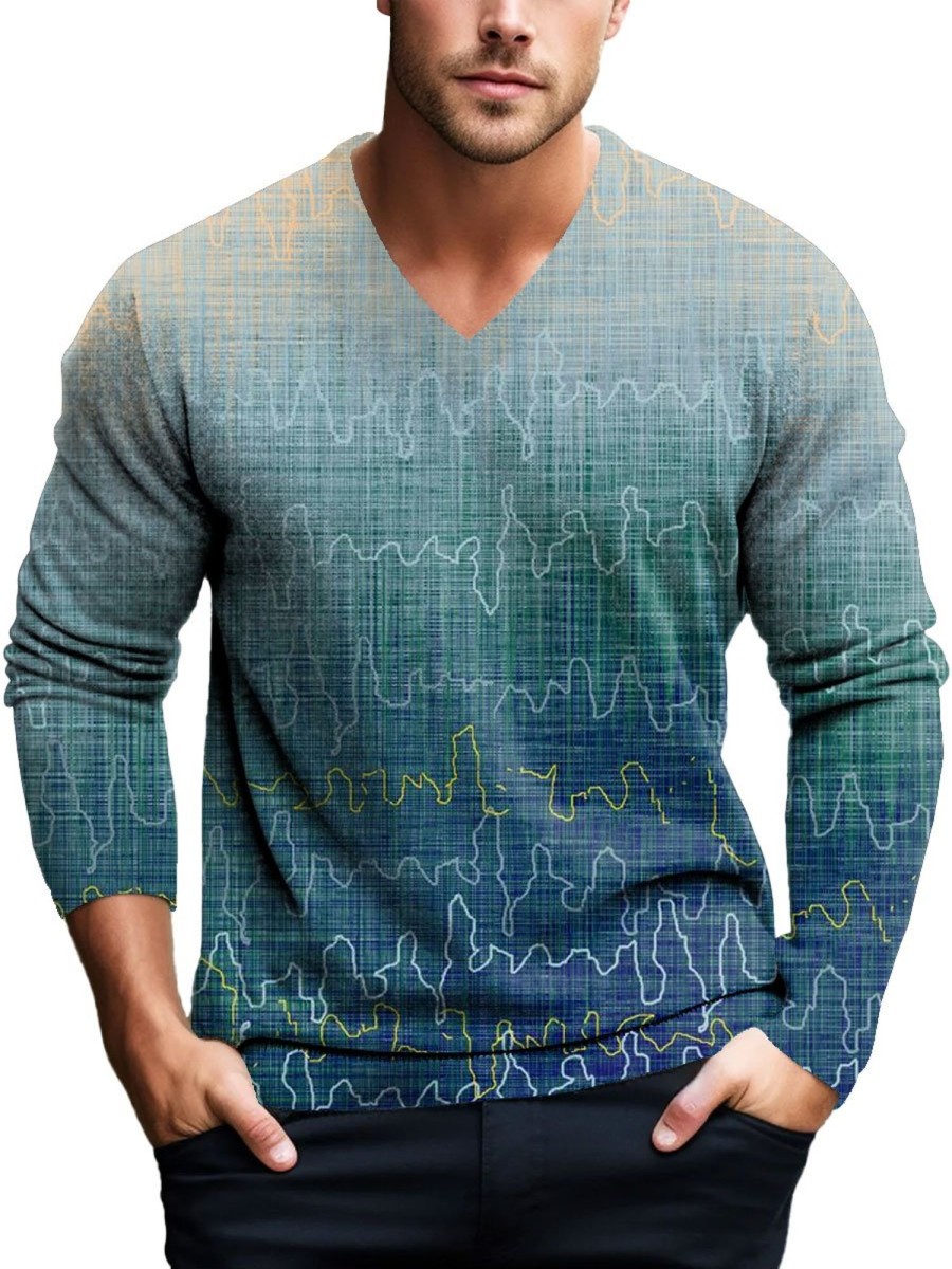 Men BXL Print Sweater | Men'S Casual Retro Gradient Knitted Pullover V-Neck Sweater Blue