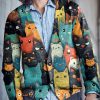 Men DJ Print Cardigan | Retro Colorful Cartoon Cat Print V-Neck Knitted Cardigan Photo Color