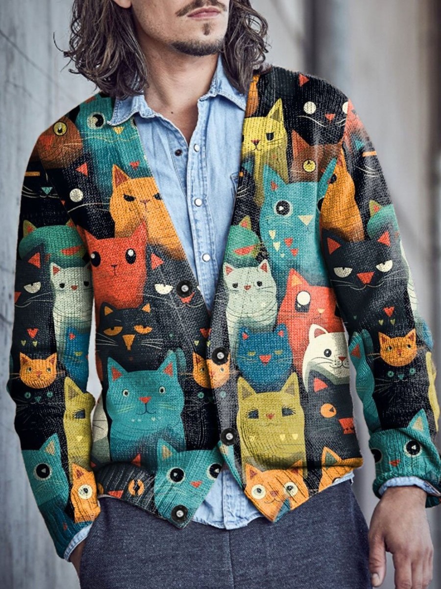 Men DJ Print Cardigan | Retro Colorful Cartoon Cat Print V-Neck Knitted Cardigan Photo Color