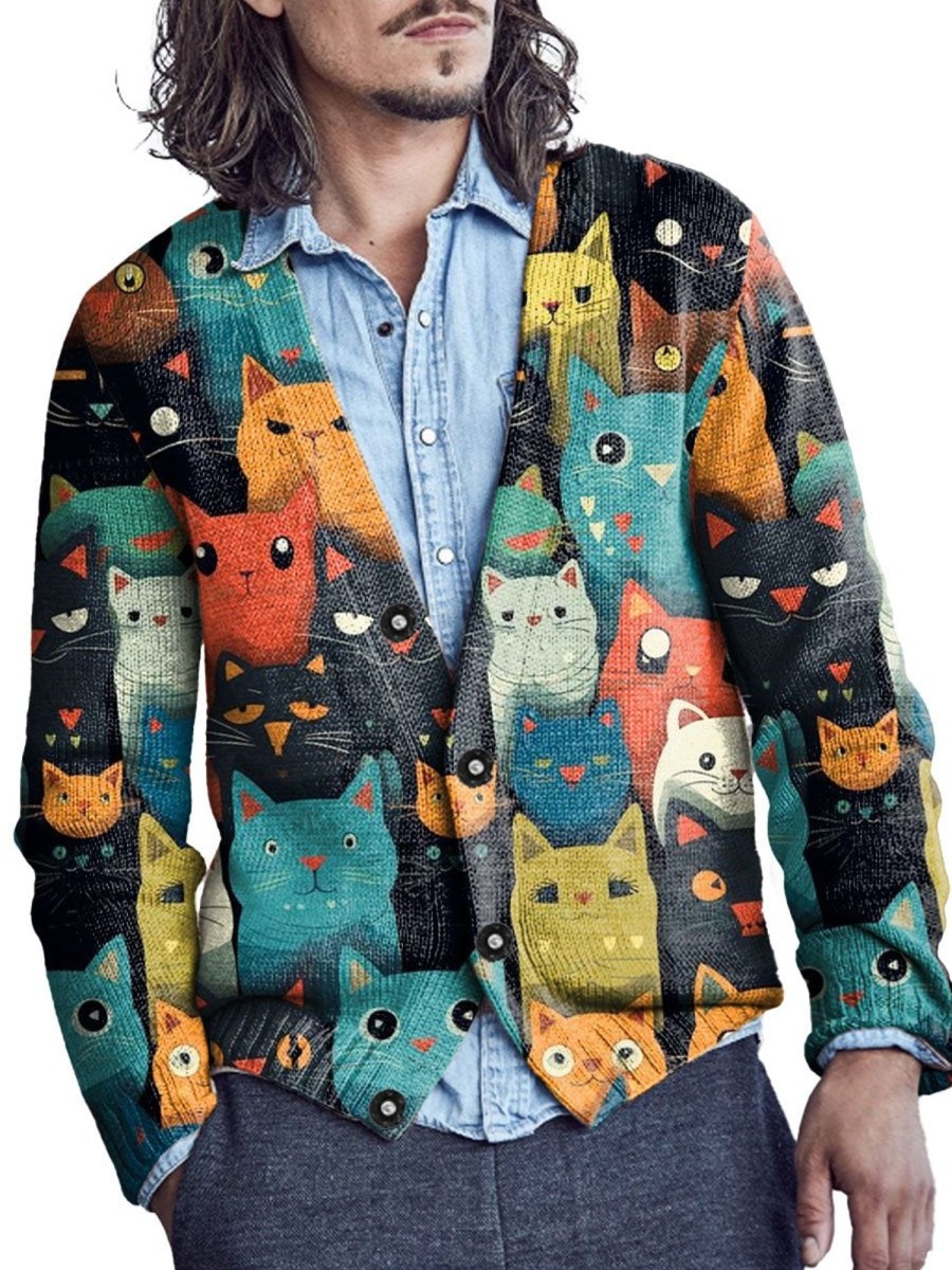 Men DJ Print Cardigan | Retro Colorful Cartoon Cat Print V-Neck Knitted Cardigan Photo Color