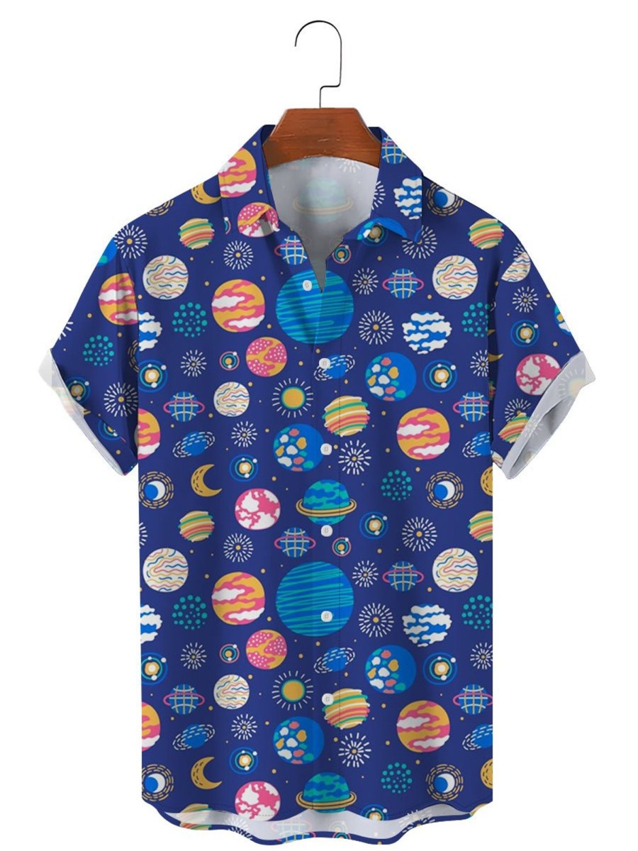 Men TH Shirts | Men'S Colorful Planet Print Short Sleeve Shirt Blue