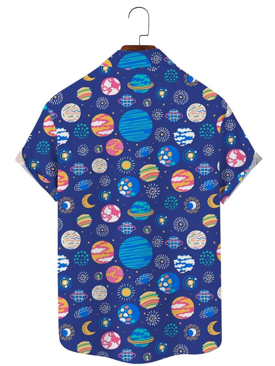 Men TH Shirts | Men'S Colorful Planet Print Short Sleeve Shirt Blue