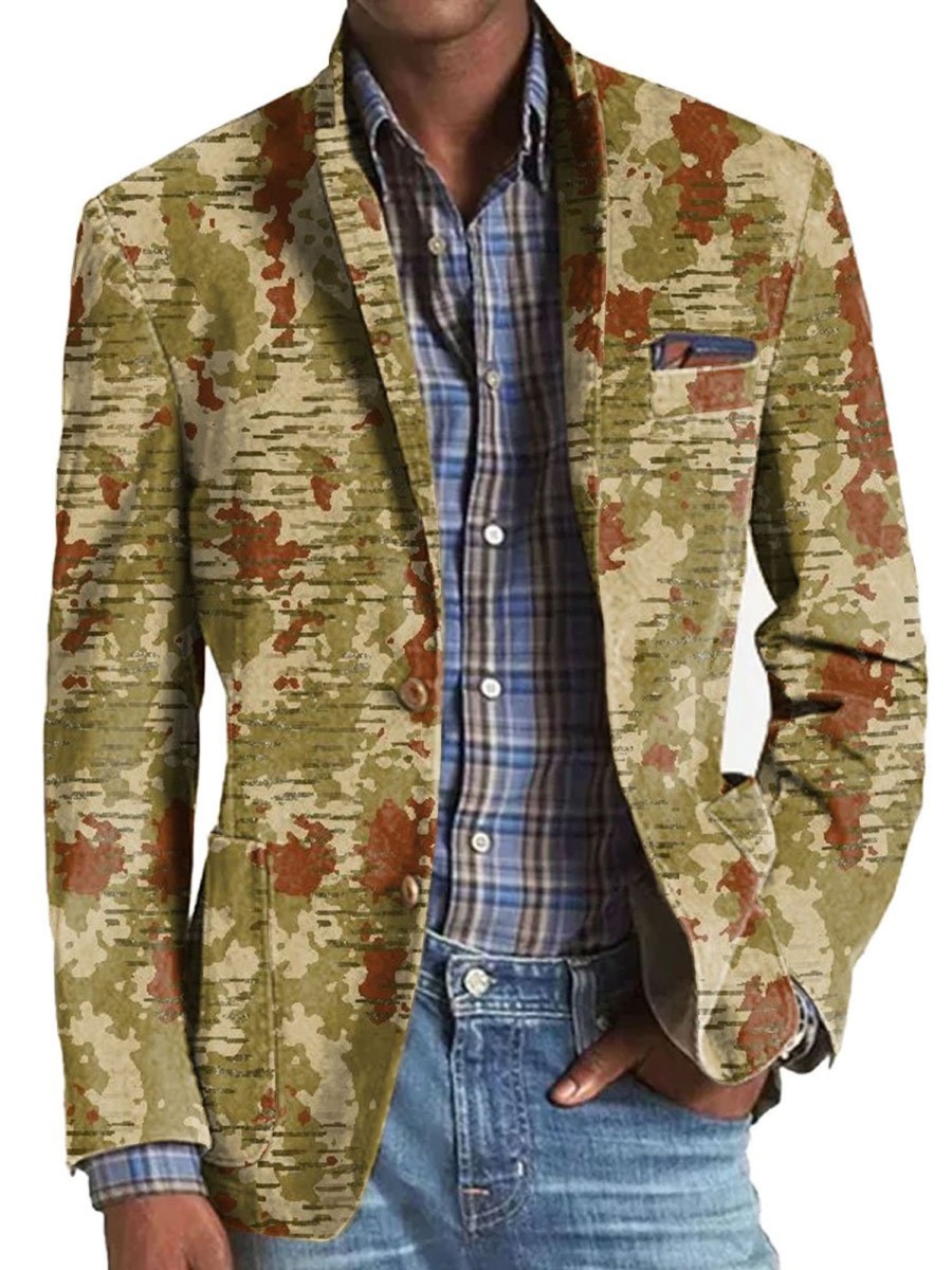 Men DJ Print Jacket | Retro Camouflage Print Lapel Three-Pocket Casual Blazer Army Green