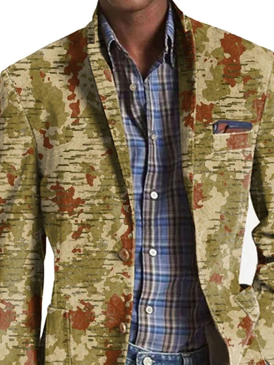 Men DJ Print Jacket | Retro Camouflage Print Lapel Three-Pocket Casual Blazer Army Green