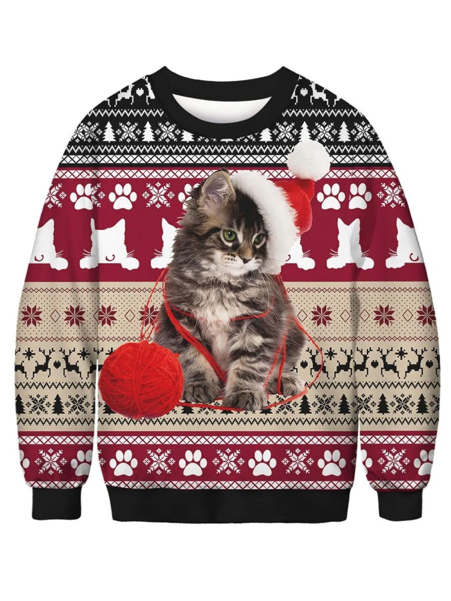 Men DJ Ugly Sweater | Fun Cat Wool Print Casual Crew Neck Sweatshirt Photo Color