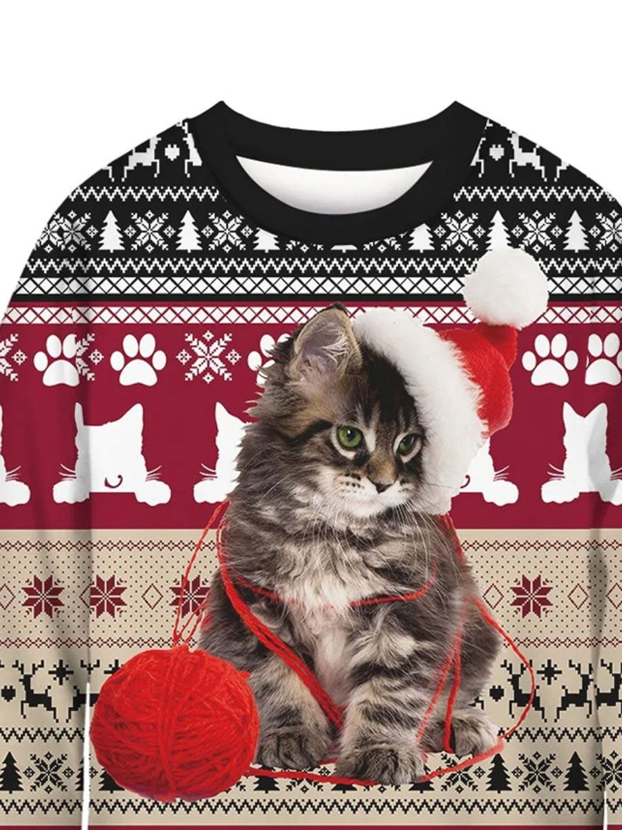 Men DJ Ugly Sweater | Fun Cat Wool Print Casual Crew Neck Sweatshirt Photo Color