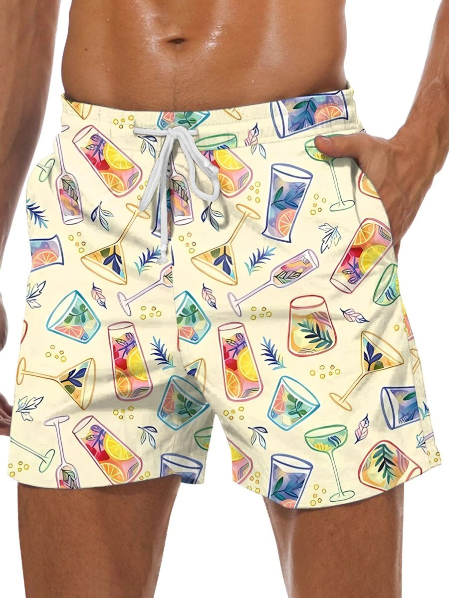 Men GYJ Shorts | Colorful Juice Drink Print Casual Short Yellow