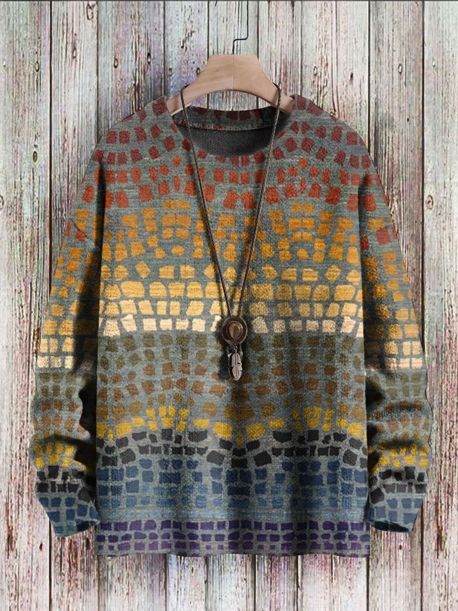 Men BXL Print Sweater | Men'S Casual Loose Colorful Geometric Print Pullover Sweater 63659063Xl Yellow