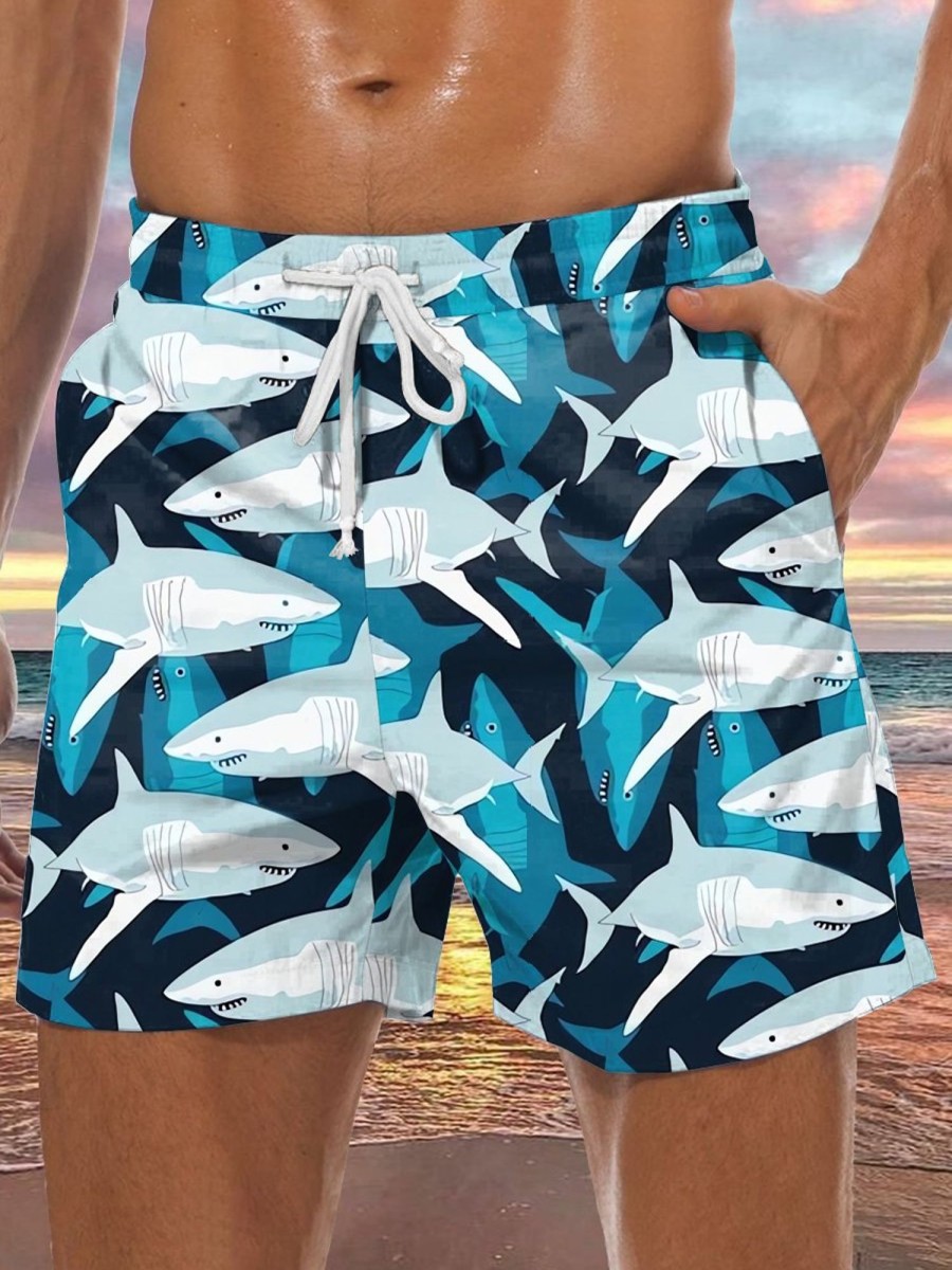 Men LJC Shorts | Shark Print Track Shorts Photo Color