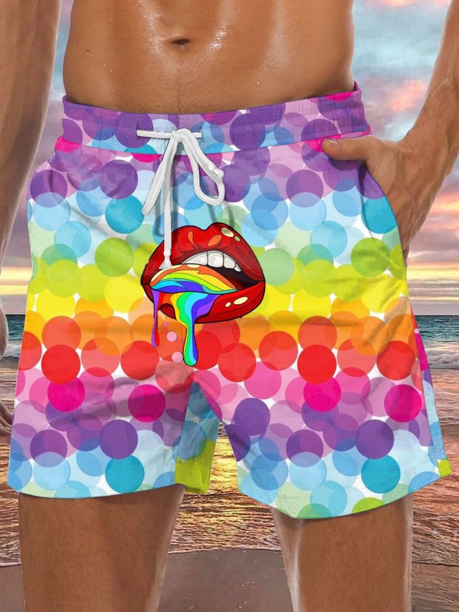 Men GYJ Shorts | Rainbow Mouth Print Lounge Shorts Photo Color