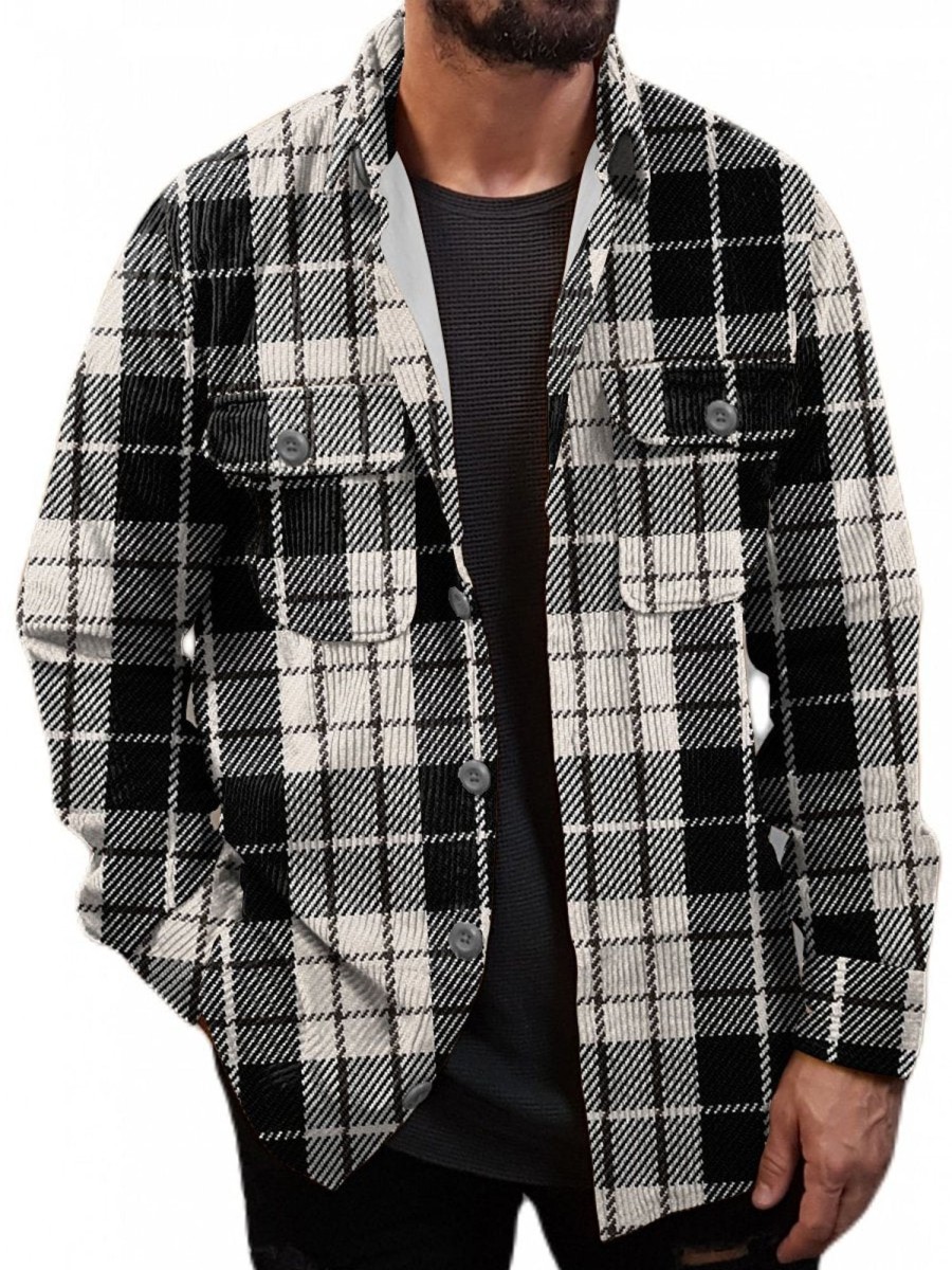 Men DJ Jacket | Vintage Classic And White Check Print Pocket Corduroy Jacket Black